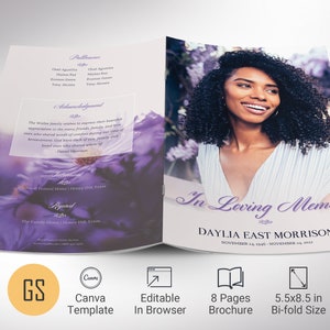Lavender Funeral Program Template: Purple Floral Celebration of Life (Canva, 5.5x8.5 in)