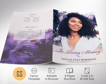 Lavender Love Funeral Program Template, Canva Template, Purple In Loving memory, Celebration of Life, Obituary Program, 8 Page | 5.5x8.5 in