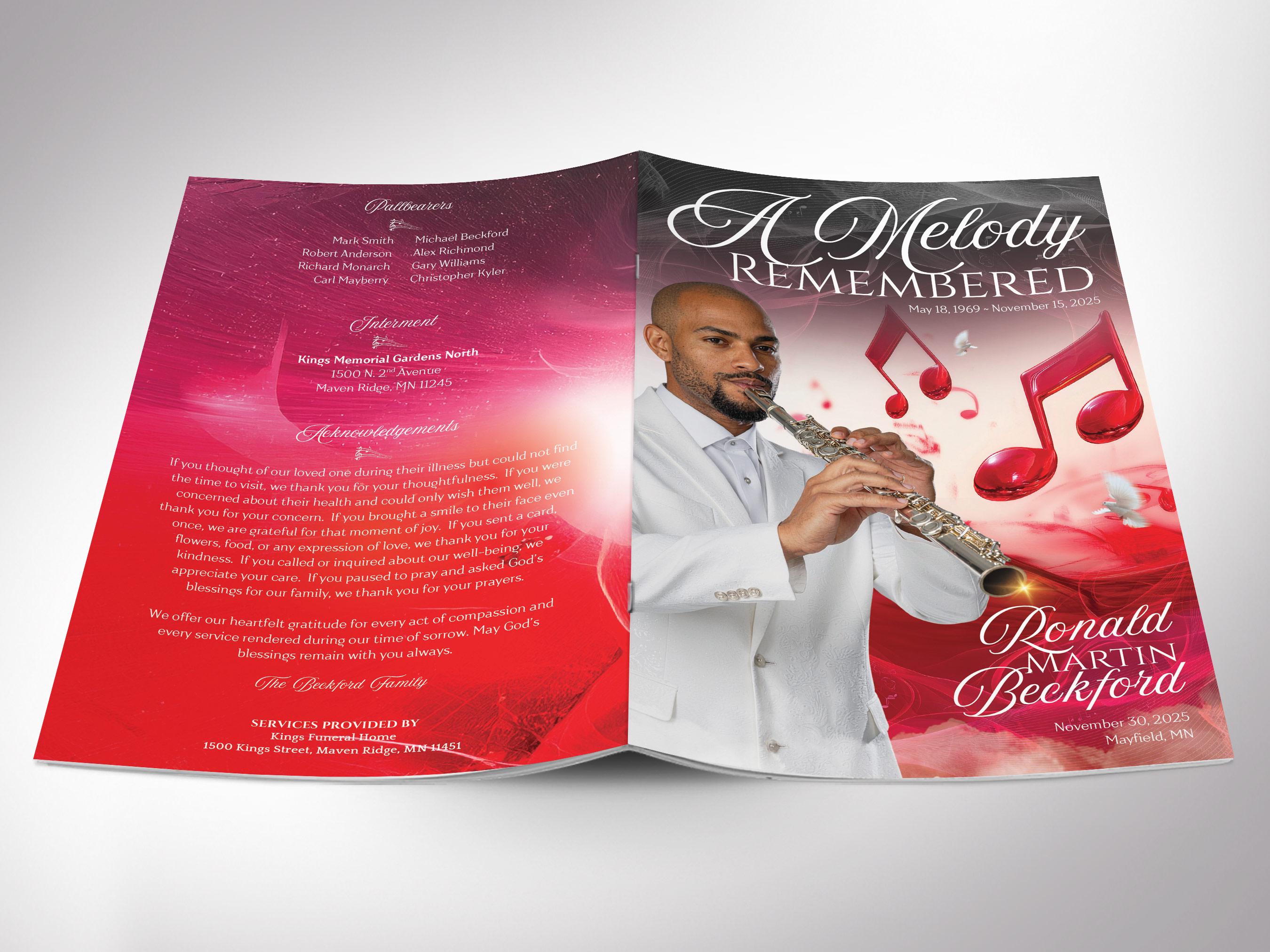 Musical Funeral Red Musical Funeral Program Template 5.5x8.5, 8 Page Memorial Obituary ...