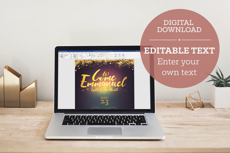 Emmanuel Christmas Flyer Word Publisher Template, Size 5 x 8 inches,  is for events during the Christmas season. Great for Christmas Cantatas, Plays, Pageants, Banquets, Dinner Dance, etc. It has a deep night blue background and golden stars.