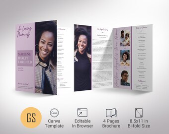 Funeral Program Template for Women in Lavender Purple: 11x17, 4-Page Pink Nature Celebration of Life & Obituary for Canva