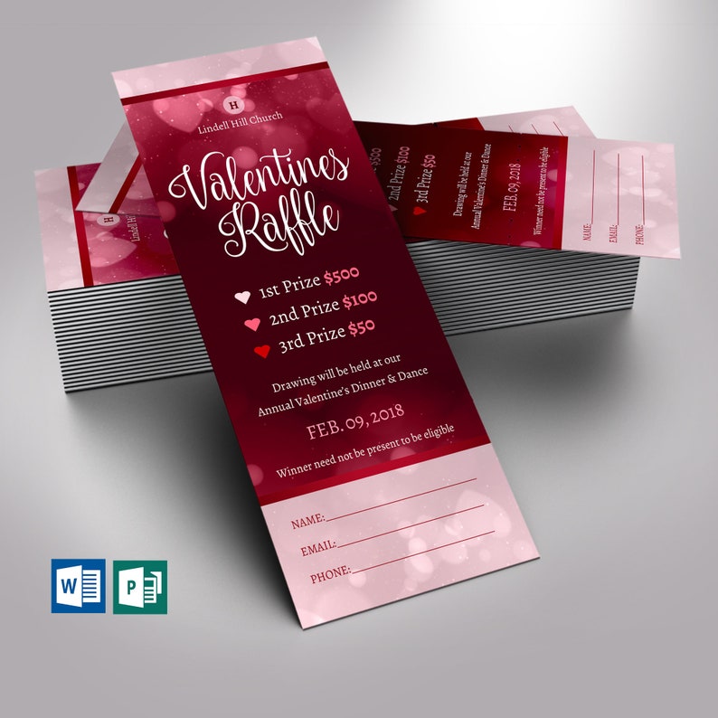 Red Pink Valentines Day Raffle Ticket Template, Word Template, Publisher, Fundraiser Event, Size 2.25x6 inches image 1