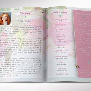 Mothers Day Program Template for Canva has 4 Pages. It features a  pink, yellow and blue background with butterflies, flowers, and beautiful typography. The Print Size of 11x8.5 inches is Bi-fold to 5.5x8.5 inches. For Mothers Day Banquet Program