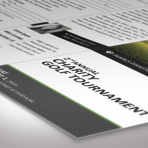 Charity Golf Tournament Brochure Word Template is designed with a classic golf theme of Green, black and white colors. Print Size: 11x8.5 inches, Tri-fold Size: 3.65x8.5 inches is for charity golf tournaments and tee-off games.