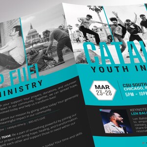 close-up view of blue and black tabloid bifold youth conference program