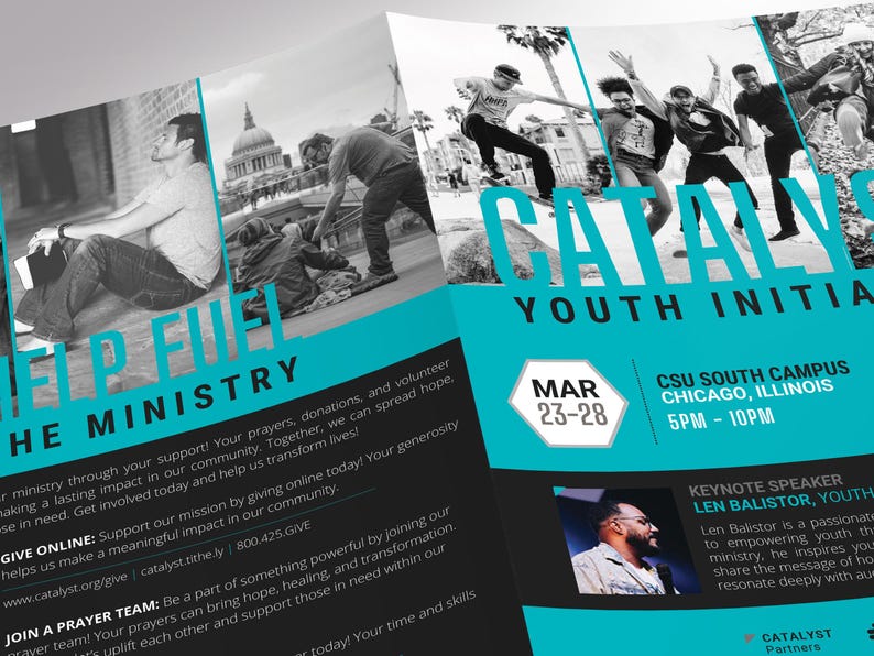 close-up view of blue and black tabloid bifold youth conference program