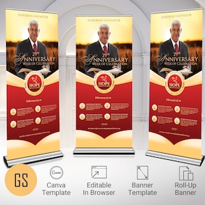 Red & Gold Pastor Anniversary Rollup Banner Template (Canva, 32x78, Digital Download)