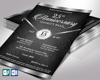 Zwart zilver jubileum Gala Flyer-sjabloon, Word-sjabloon, uitgever, banketuitnodiging, fondsenwervingsevenement, 5,5x8,5 in