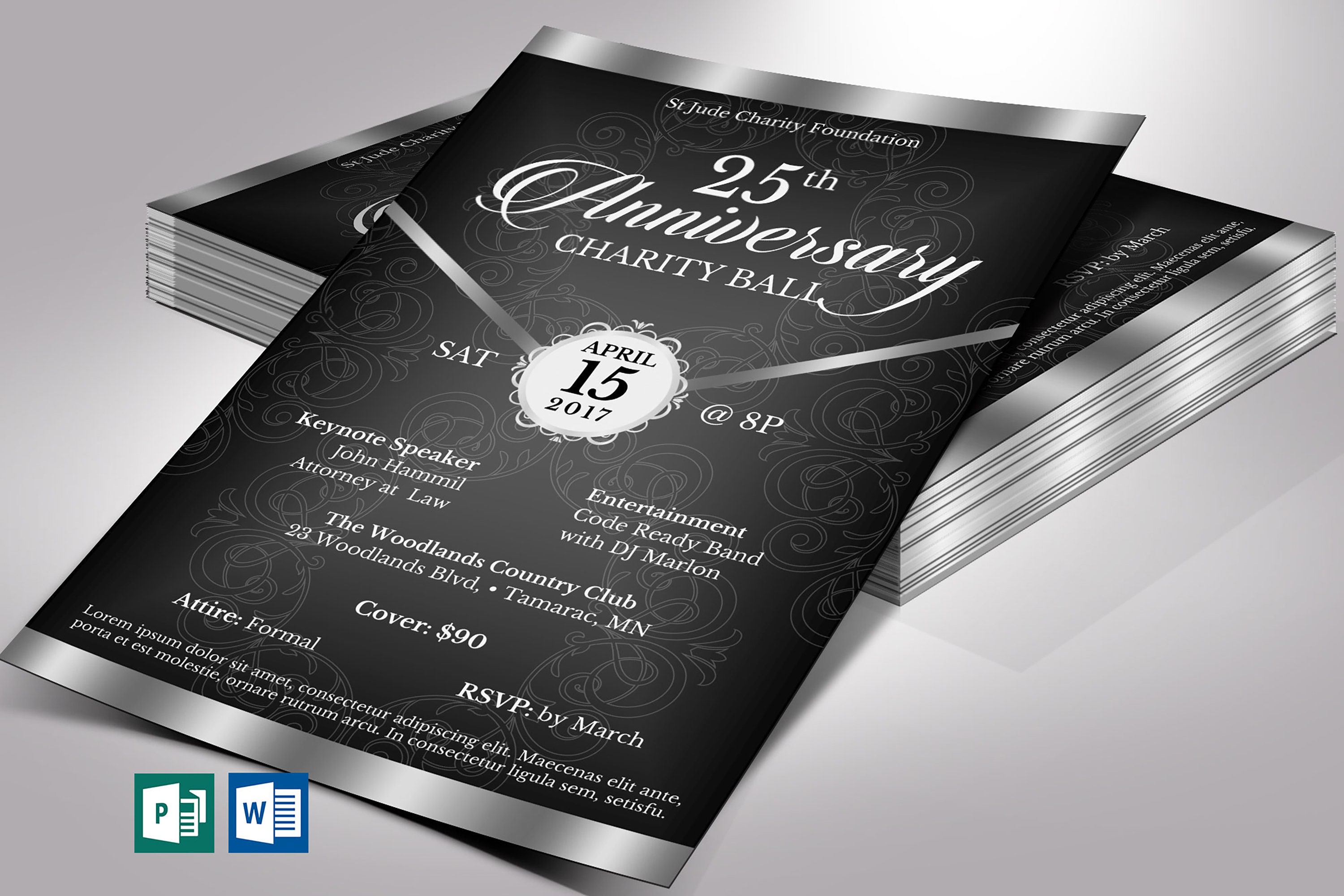 Black Silver Gala Flyer Template: Anniversary, Fundraiser (Digital Download)