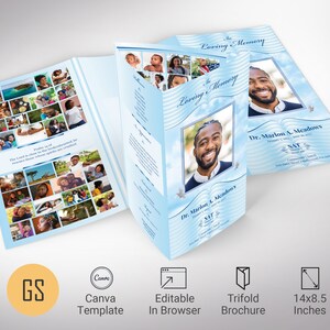 May include: A blue and white trifold funeral program brochure with a photo of a man on the front cover. The text on the front cover reads "In Loving Memory" and "Dr. Marlon A. Meadows". The brochure is 14x8.5 inches.