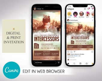 Prayer Conference Invitation Template, Canva Template | Prayer Convention, Digital Square Flyer, Social Posts, 3 Sizes