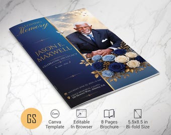 Blue Rose Funeral Program Canva Template 8 Page Bifold Memorial Obituary Booklet (5.5x8.5)