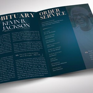 Teal Blue Tabloid Funeral Program Template, Dawn, Canva Template, Magazine Style, Celebration of Life for Men, 8 Pages, 11x17 in image 3