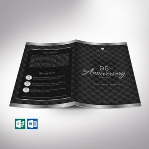May include: A black and silver church program with a black quilted background. The program is for a 95th anniversary celebration. The text reads "95th Anniversary Established 1973 ...we've come this far by faith".