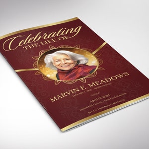 Può includere: Un programma funebre color bordò con dettagli dorati. Il programma presenta una foto di una donna e il testo "Celebrating the Life of Marvin E. Meadows January 1, 1990 - April 10, 2023 April 16, 2023 Lindell Hill Church 1500 Lindell Hill St. Rev. Dr. Mark Jonas Officiating"