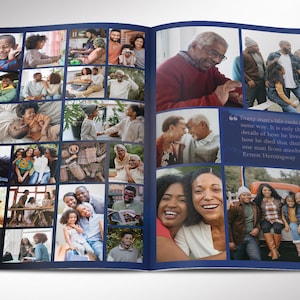 Middle - Say goodbye to the traditional, regular funeral program with the Dawn Funeral Program Template for Canva (8 pages, 11x8.5 inches, bifold to 5.5x8.5 inches). This expressively designed Dawn blue celebration of life bi-fold brochure