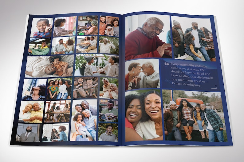 Middle - Say goodbye to the traditional, regular funeral program with the Dawn Funeral Program Template for Canva (8 pages, 11x8.5 inches, bifold to 5.5x8.5 inches). This expressively designed Dawn blue celebration of life bi-fold brochure