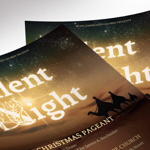 Silent Night Christmas Flyer Template for Canva. This template features a captivating silhouette of the three wise men and guided by the radiant Star of Bethlehem. Available in four versatile sizes (5x5, 5x7, 5.5x8.5, and 8.5x11 inches),