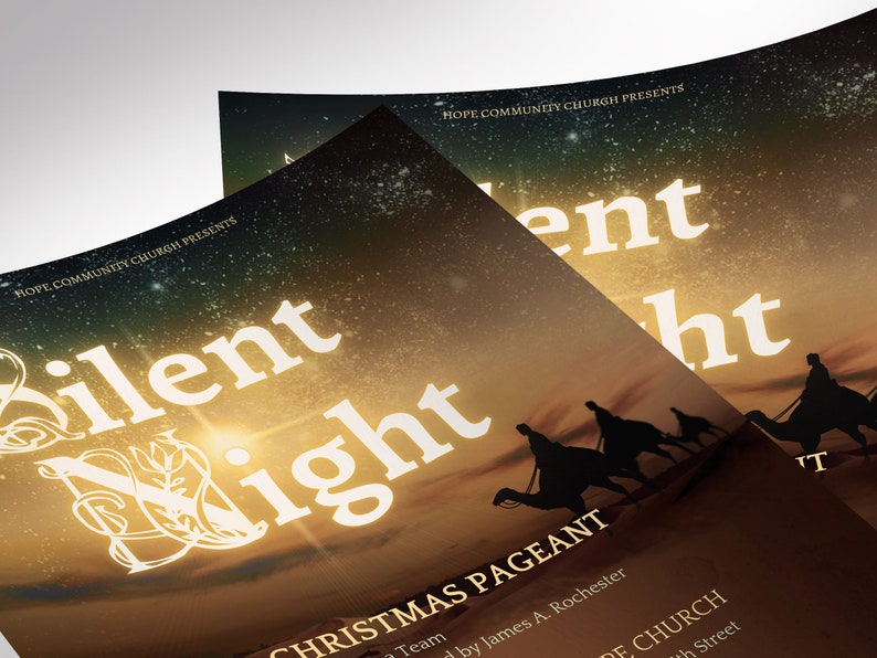 Silent Night Christmas Flyer Template for Canva. This template features a captivating silhouette of the three wise men and guided by the radiant Star of Bethlehem. Available in four versatile sizes (5x5, 5x7, 5.5x8.5, and 8.5x11 inches),