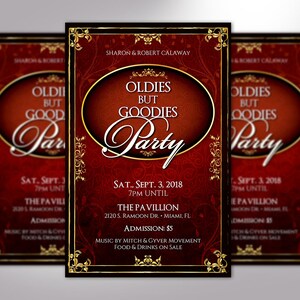 Oldies Party Flyer Template for templett.com is an editable flyer that has a rustic background with gold decals and gorgeous script text. The size is 4x6 inches and it can be used for any birthday party or event that needs a vintage appeal.