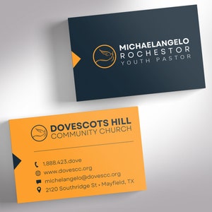 Modern Church Business Card Template for Canva is Size 3.5x2 inches. It features a blue and yellow color scheme. Great for church business cards and pastor business cards. The contrast between the bright and dark colors gives a minimalistic modern