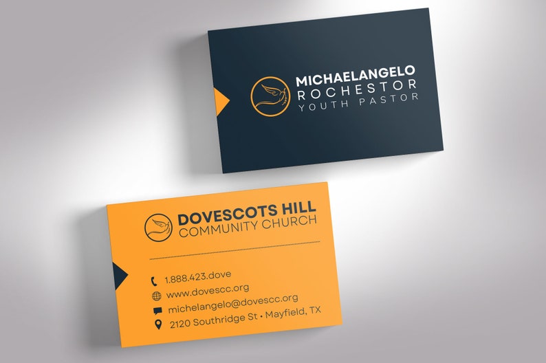 Modern Church Business Card Template for Canva is Size 3.5x2 inches. It features a blue and yellow color scheme. Great for church business cards and pastor business cards. The contrast between the bright and dark colors gives a minimalistic modern