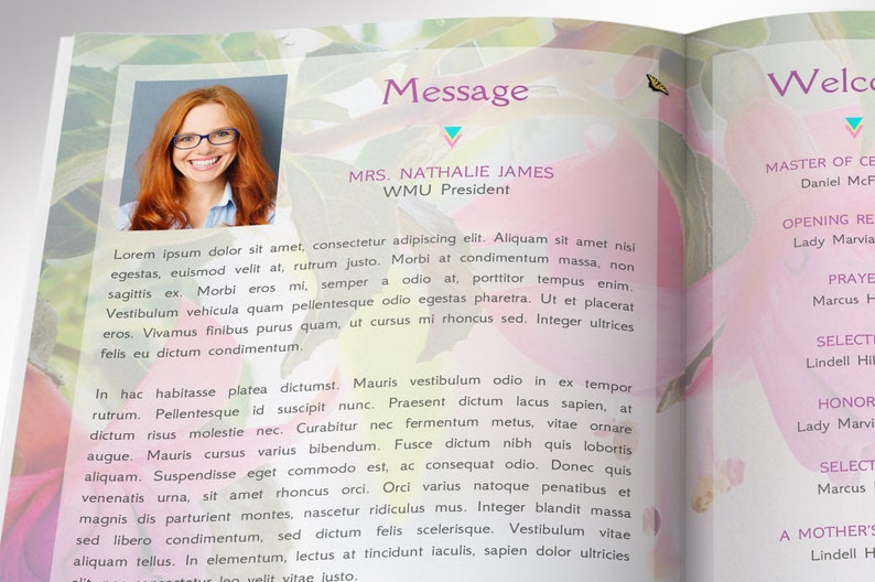 Mothers Day Program Template for Canva has 4 Pages. It features a  pink, yellow and blue background with butterflies, flowers, and beautiful typography. The Print Size of 11x8.5 inches is Bi-fold to 5.5x8.5 inches. For Mothers Day Banquet Program