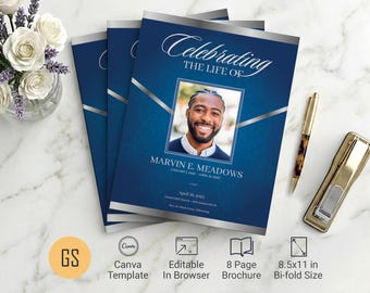 Blue and Silver Funeral Program Template | Canva: 8 Page Bifold Obituary (8.5x11) Digital Download