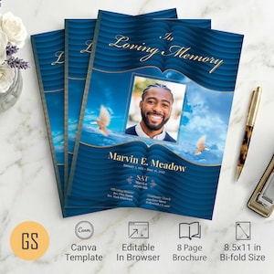 Blue & Gold Waves Funeral Program Template | Canva: 8-Page Bifold Memorial Obituary (8.5x11) Digital Download