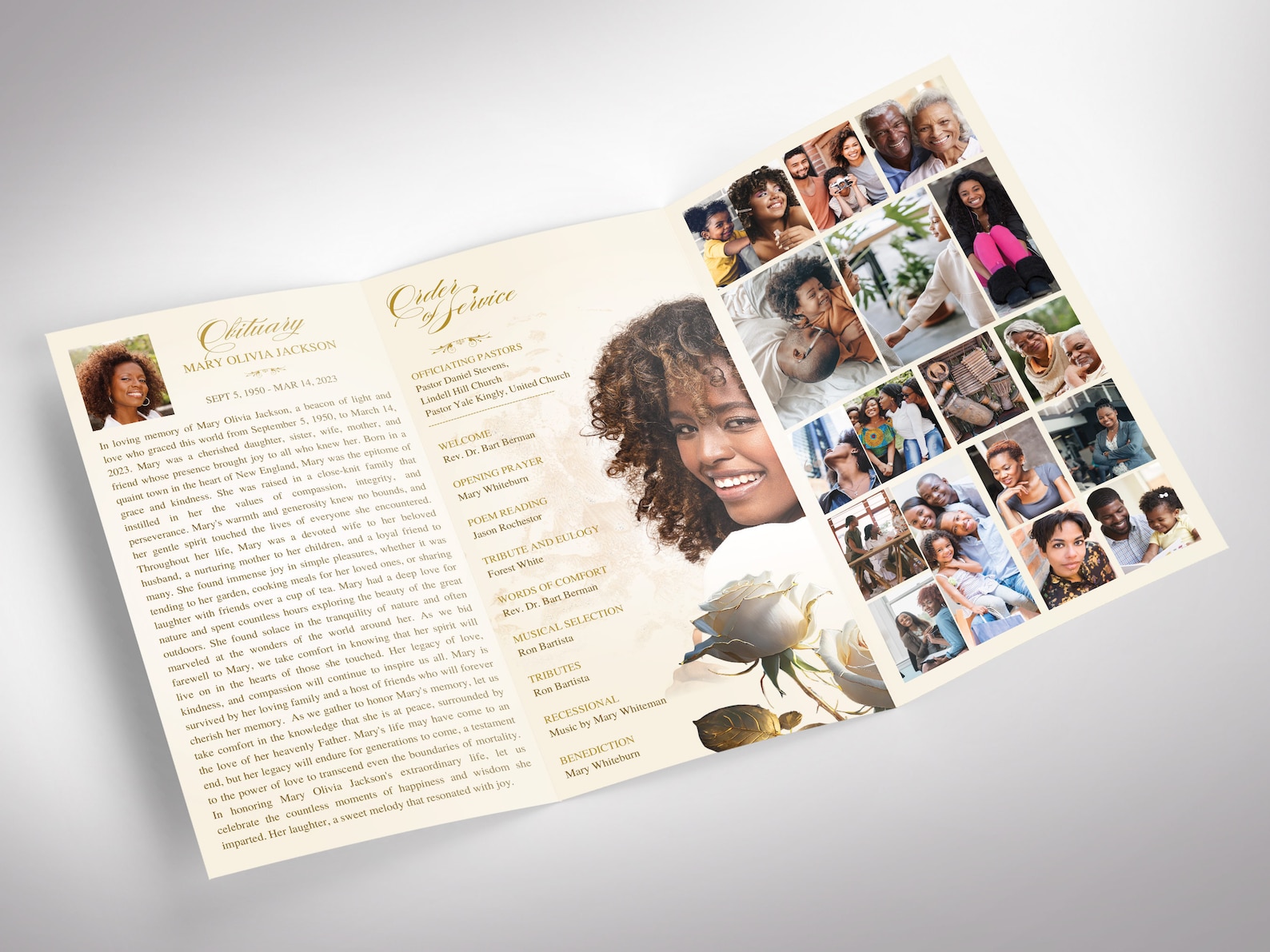 Rose Program Application Sample Classic Rose Funeral Program Template: Beige & Gold Trifold Obituary ...