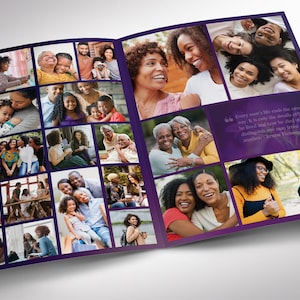 A magazine-style funeral program. Twilight Tabloid Funeral Program Template for Canva (8 pages, 17x11 inches, bifold to 8.5x11 inches). This expressively designed twilight purple celebration of life bi-fold brochure