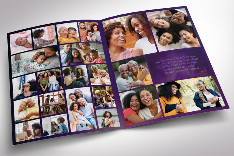 A magazine-style funeral program. Twilight Tabloid Funeral Program Template for Canva (8 pages, 17x11 inches, bifold to 8.5x11 inches). This expressively designed twilight purple celebration of life bi-fold brochure