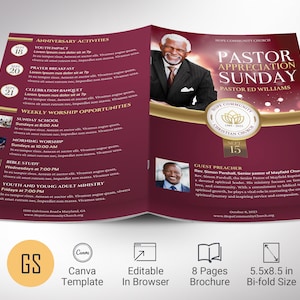 Burgundy Gold Pastor Appreciation Program Template (Canva, 5.5x8.5 in, 8 Page, Digital Download)