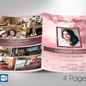Pink Forever Funeral Program Template for Word and Publisher | 4 Pages | Bi-fold to 5.5x8.5 inches