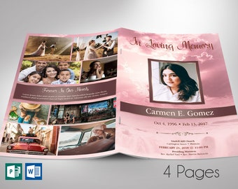 Pink Forever Funeral Program Template | Word Template, Publisher | 4 Pages | Celebration of Life | Bifold to 5.5x8.5 in