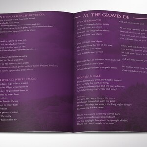 Purple Sky Funeral Program Word and Publisher Template have 8 Pages and is decorated with beautiful ornaments, doves, and a flourishing landscape over a beautiful purple background. The Print Size is 11x8.5 inches and it Bi-Fold to 5.5x8.5 inches.