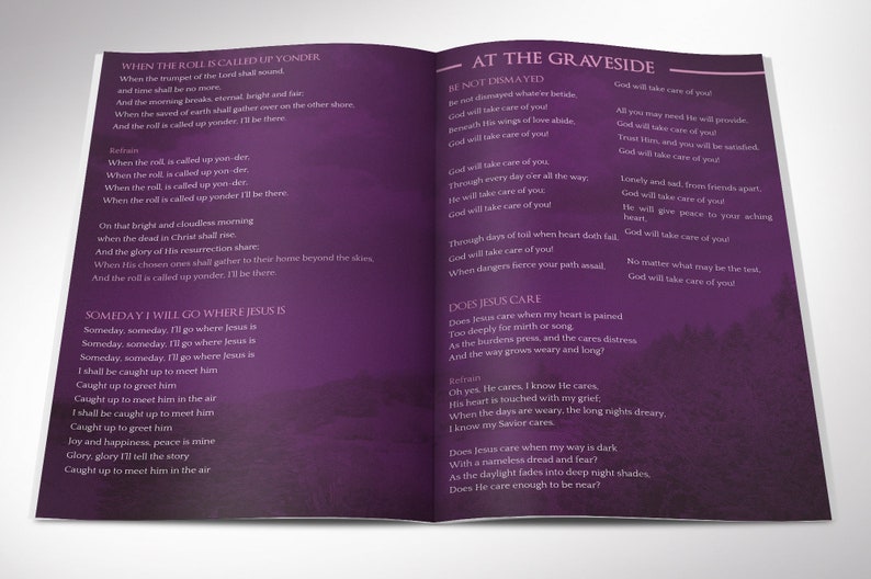 Purple Sky Funeral Program Word and Publisher Template have 8 Pages and is decorated with beautiful ornaments, doves, and a flourishing landscape over a beautiful purple background. The Print Size is 11x8.5 inches and it Bi-Fold to 5.5x8.5 inches.