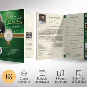 Pastor Anniversary Program Template: Green & Gold Church Celebration (Canva, 8 Page)