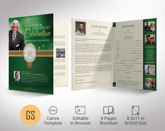 Pastor Anniversary Tabloid Program Template, Canva Template - Green Gold | Banquet Program | 8 Page | 11x17 in