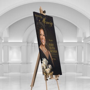 Puede incluir: Un cartel conmemorativo f&uacute;nebre negro y dorado con una foto de una mujer y el texto "En memoria cari&ntilde;osa Mary Olivia Jackson".