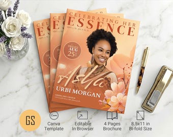 Orange Essence Funeral Program Template | Canva: 4 Page Tabloid Floral Bifold Magazine-Style Obituary (8.5x11)