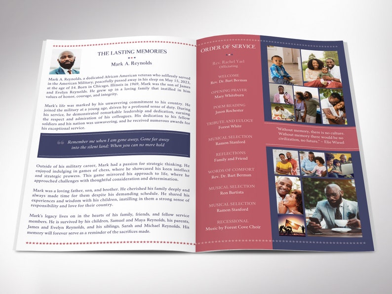 Inside front - American Military Funeral Program Canva Template - V4. is 11x8.5 inches and bifold to 5.5x8.5 inches. This meticulously crafted 8-page bi-fold program pays tribute to those who have served our nation