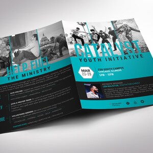Cover of Blue Catalyst Youth Conference Tabloid Program Template for Canva. Perfectly sized at 17x11 inches and folding to 8.5x11 inches, this 8-page bifold church program template offers plenty of room for your event schedule, speaker bios, ministry details, and volunteer opportunities