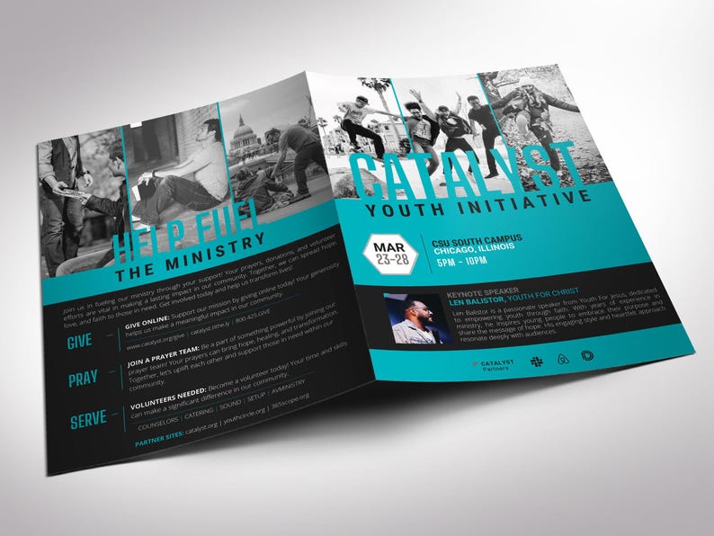 Cover of Blue Catalyst Youth Conference Tabloid Program Template for Canva. Perfectly sized at 17x11 inches and folding to 8.5x11 inches, this 8-page bifold church program template offers plenty of room for your event schedule, speaker bios, ministry details, and volunteer opportunities