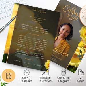 Plantilla de programa de funeral de rosa amarilla, Canva, diseño floral en amarillo dorado, una hoja, celebración de la vida, plantilla de orden de servicio para mujeres, 2 tamaños