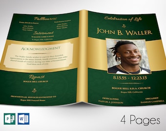 Green Gold Regal Funeral Program Template for Word and Publisher | 4 Pages |  Bi-fold to 5.5x8.5 inches