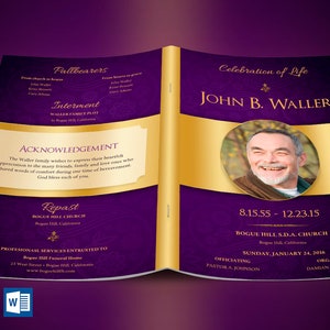 Purple Gold Regal Funeral Program Template | Word Template, Publisher | Celebration of Life | 8 Pages | 5.5x8.5 inches