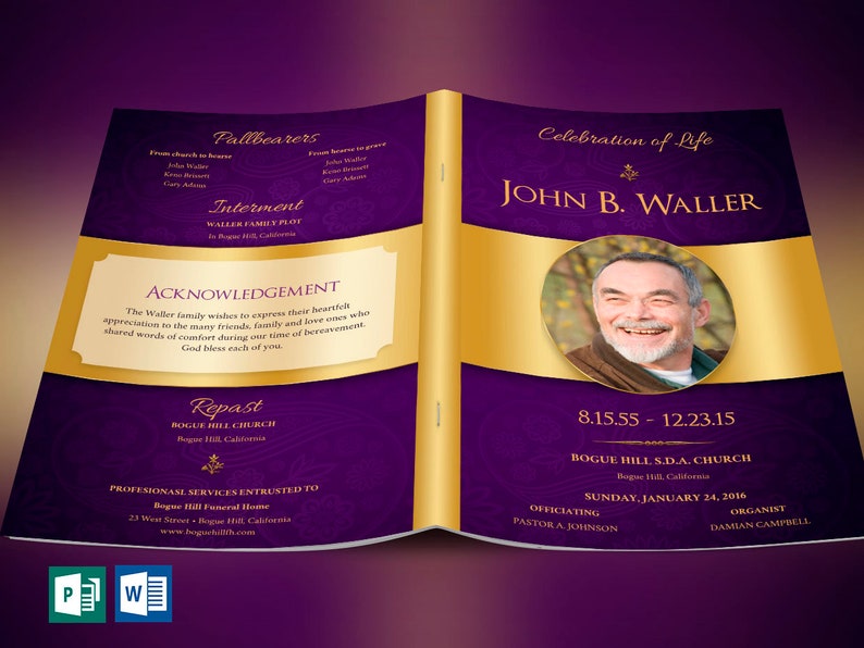 Purple Gold Regal Funeral Program Template Word Template, Publisher Celebration of Life 8 Pages 5.5x8.5 inches image 1