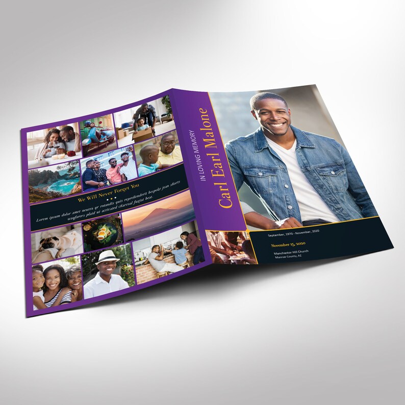 Purple Gold Tabloid Funeral Program Template Word Template, Publisher Celebration of Life 8 Pages 11x17 inches image 2