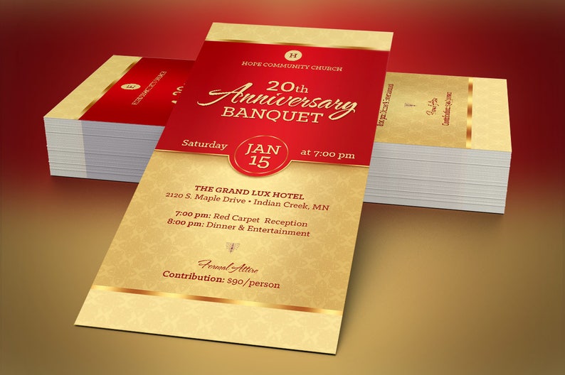 Red Gold Church Anniversary Banquet Ticket Template, Word Template, Publisher, Pastor Appreciation, Luncheon Ticket, 36 in image 3